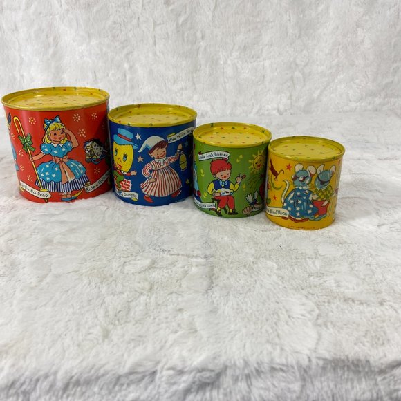 Rare Vintage Chad valley WEE-Kin Baby Toy Stacking Tins Nursery Rhymes set of 4 - Picture 13 of 16